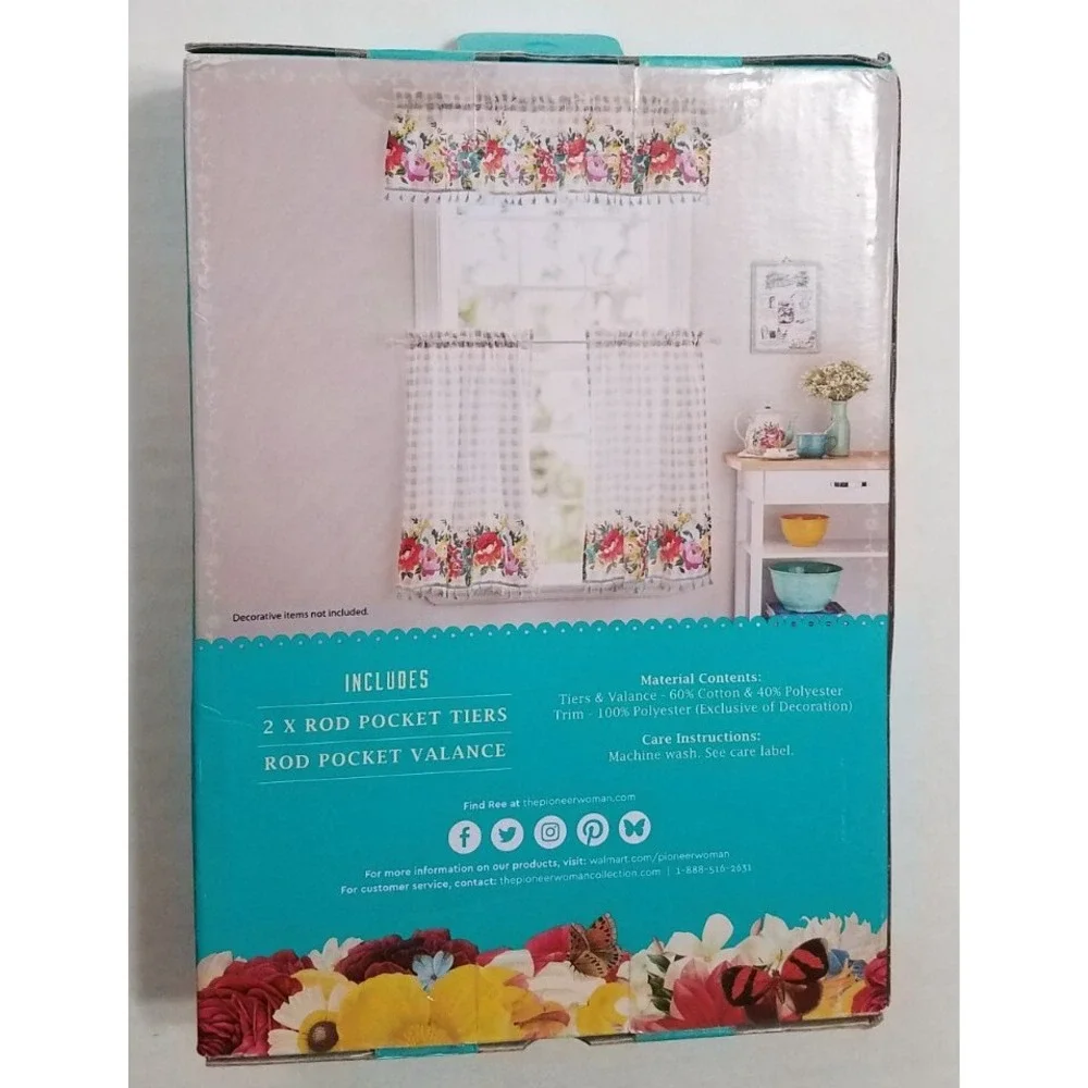 Pioneer Woman Sweet Romance Blossoms Small Window Curtain &‎ Valance Set 3pc New